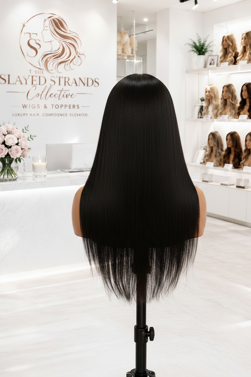 Onyx | Long Straight Indian Remy Human Hair Wig with Bangs – Natural Black | 150–200% Density | 26–32 Inch