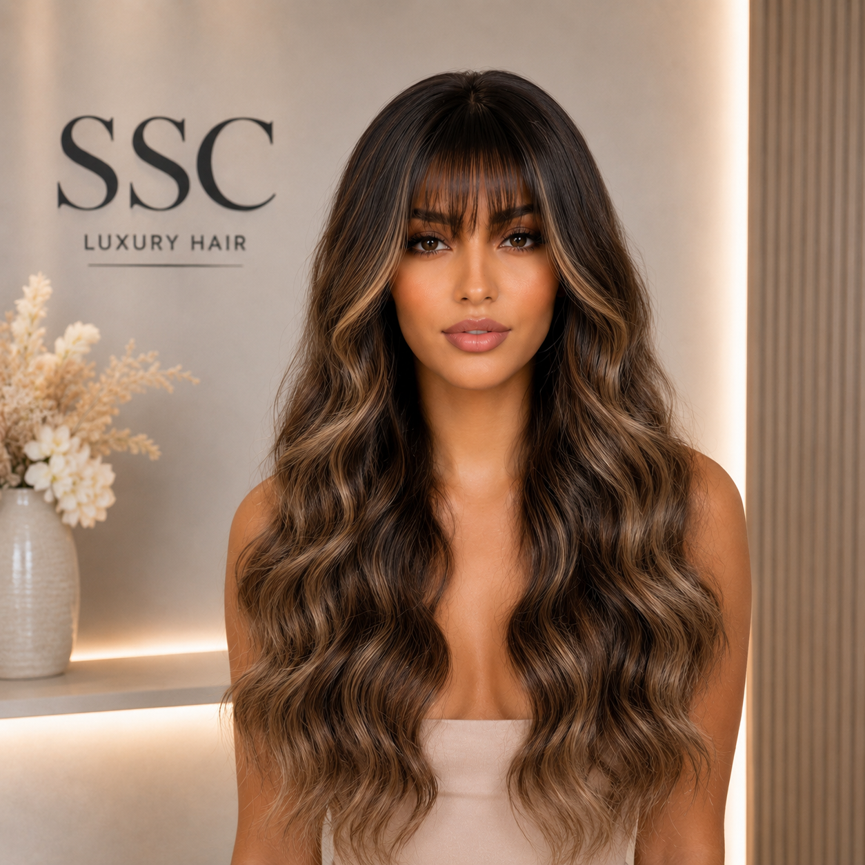 Ombre Chestnut Brown Curtain Bangs Body Wave Wig
