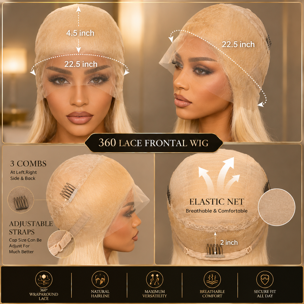 613 Honey Blonde Bone Straight 360 Lace Wig – Ponytail Capable