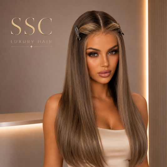 Mocha | Brown Straight Synthetic Lace Front Wig – 13x4 Glueless | Mix Blonde Hairline