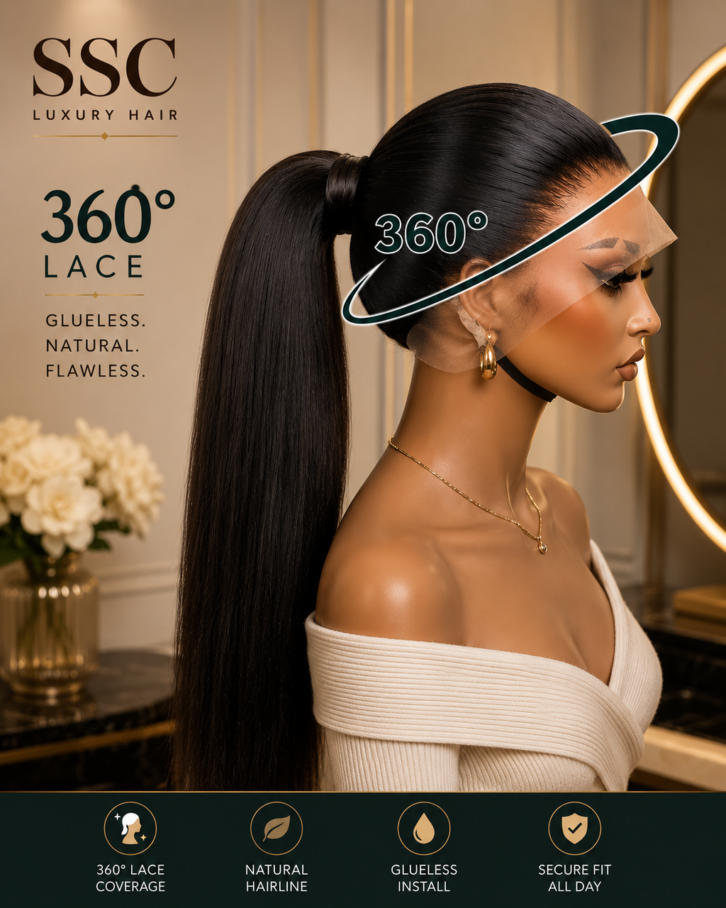 360 Full Lace Wig – Natural Black Straight Brazilian Remy Hair