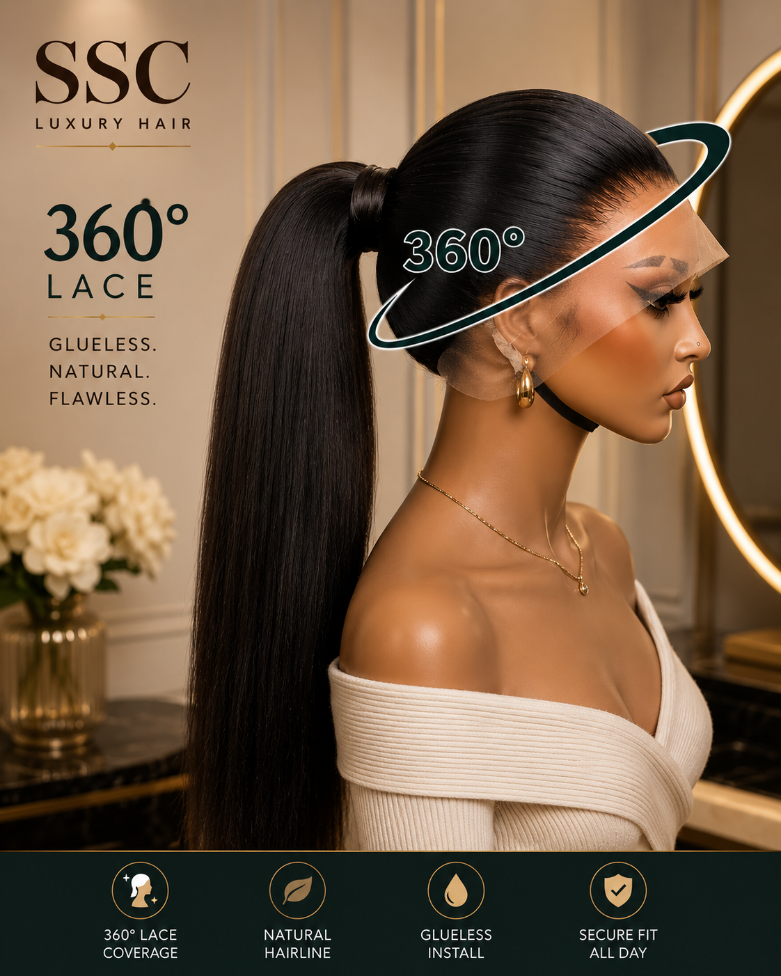 360 Full Lace Wig – Natural Black Straight Brazilian Remy Hair