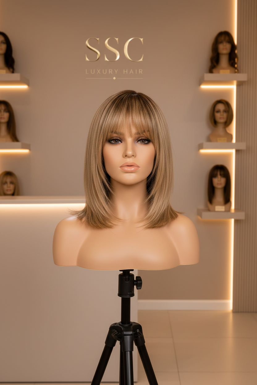 Talia | Short Human Hair Bob Wig with Bangs | Straight Ombre Brown | 12 Inch